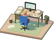 A pixel drawing of someone at a desk, seen from behind: piles of paper on both sides, a coffee mug, and the figures going from a document into the computer by hand.